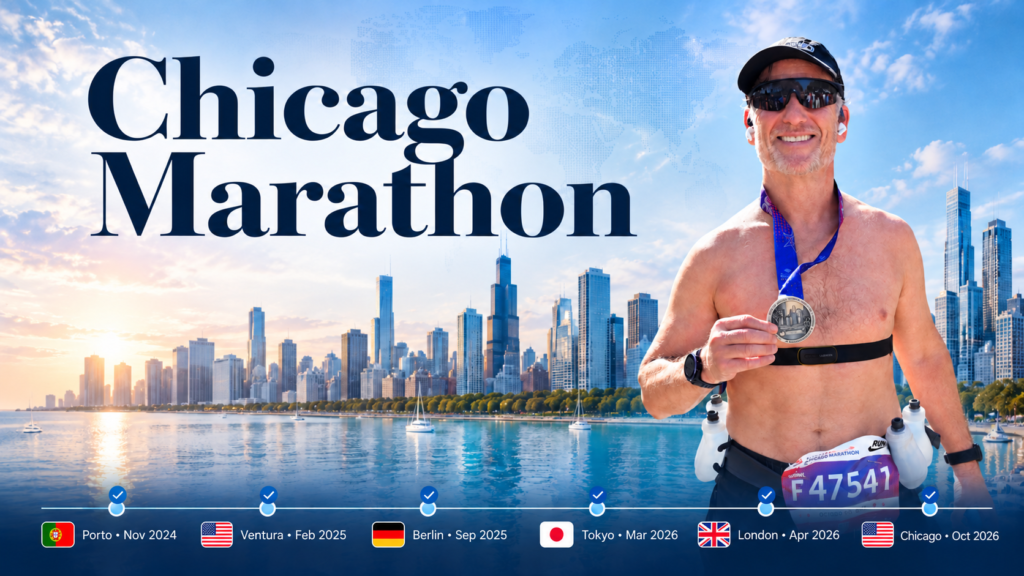 Leo Gestetner holding his Chicago Marathon finisher medal in front of the Chicago skyline over Lake Michigan, with a timeline of his marathons along the bottom